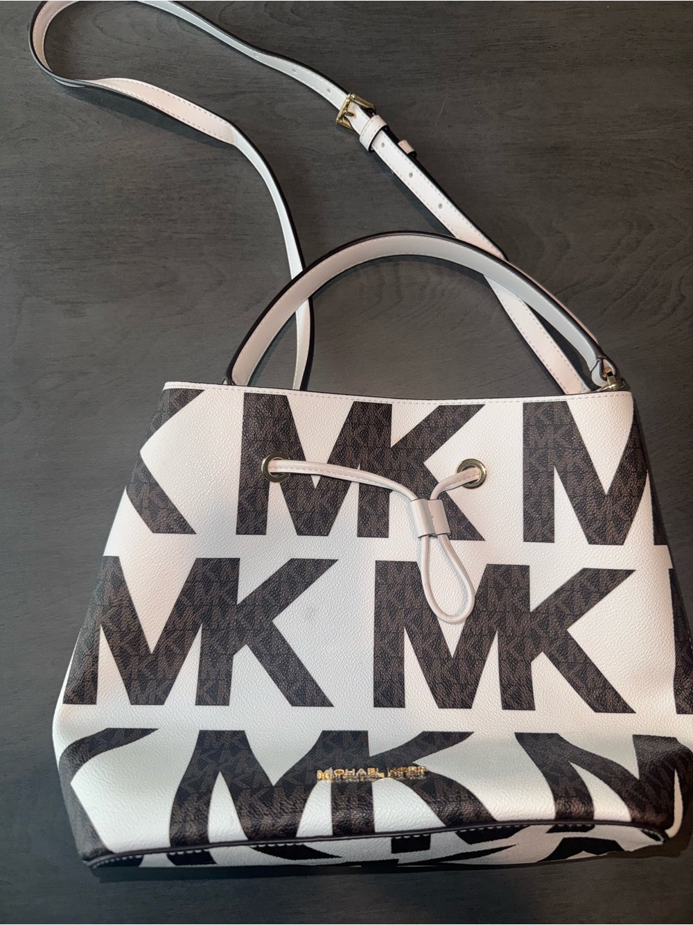 Michael Kors White and Black MK Logo Drawstring Shoulder Bag